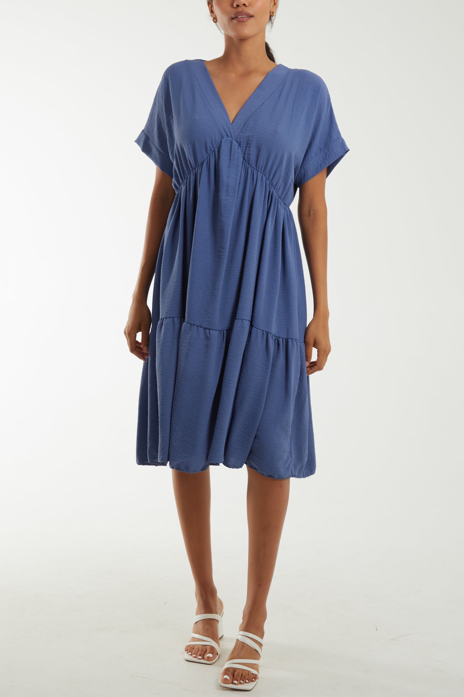 Black V-Neck Short Sleeve Tiered Midi Dress For Women ONE SIZE - Dropwear