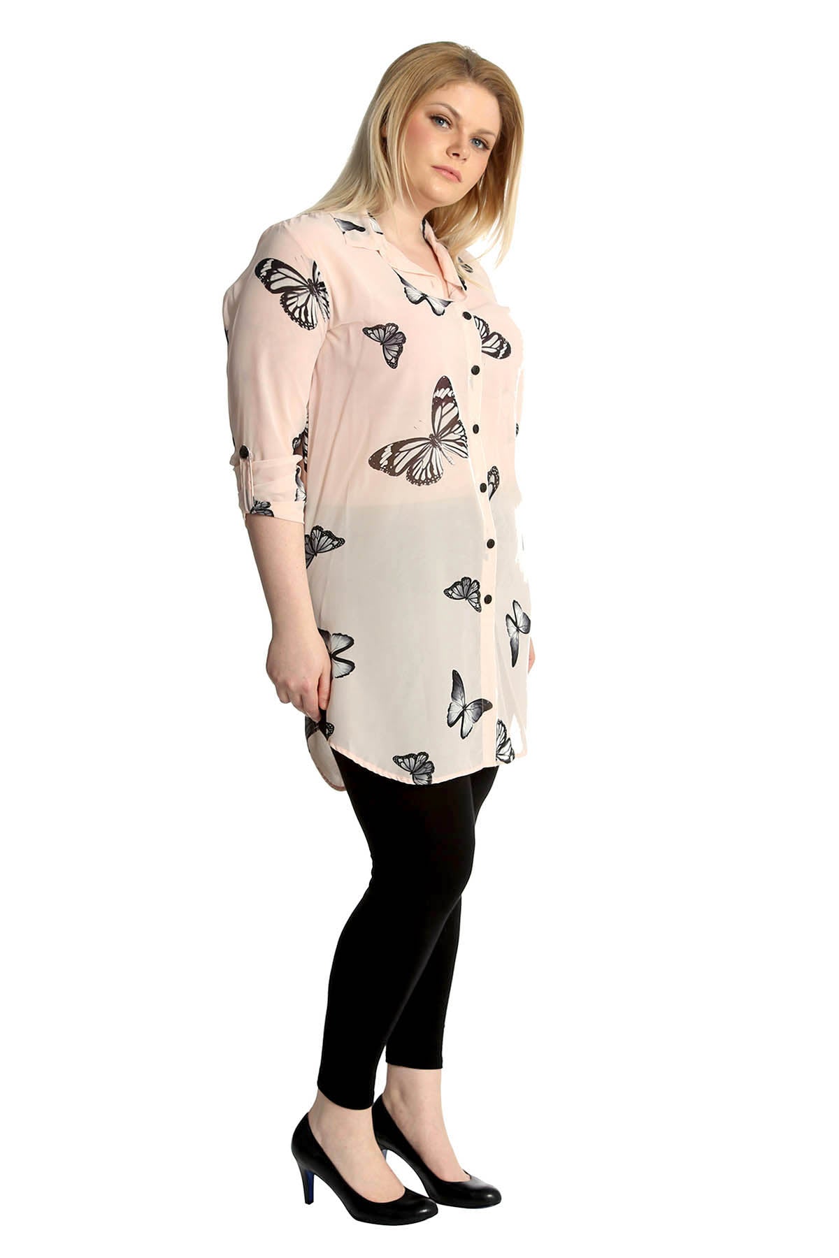 Red Butterfly Print Side Slit Curved Hem Top For Women 24 - Dropwear