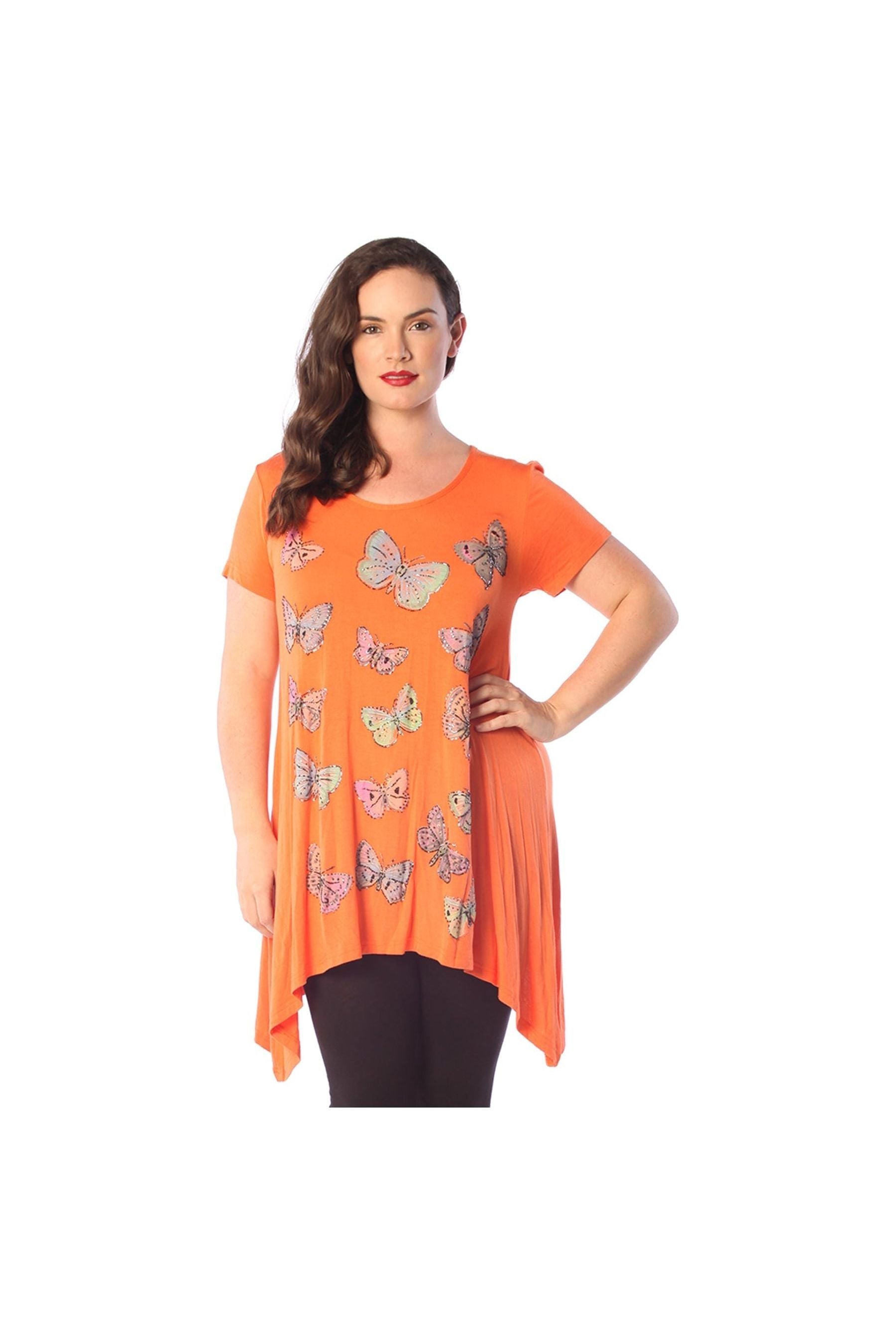 Teal Butterfly Hanky Hem Short Sleeve Top For Women 14 - Dropwear
