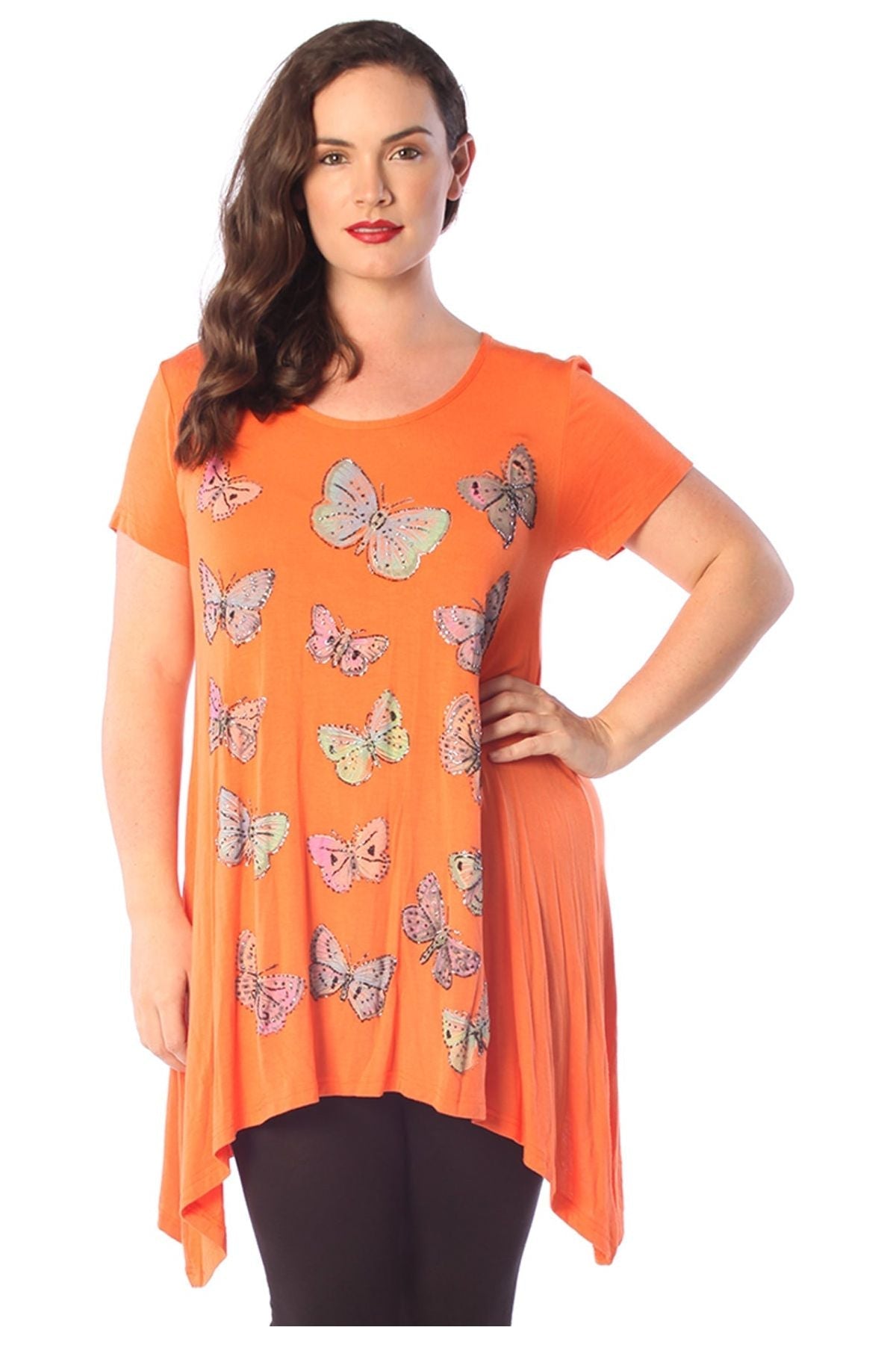 Red Butterfly Hanky Hem Short Sleeve Top For Women 14 - Dropwear