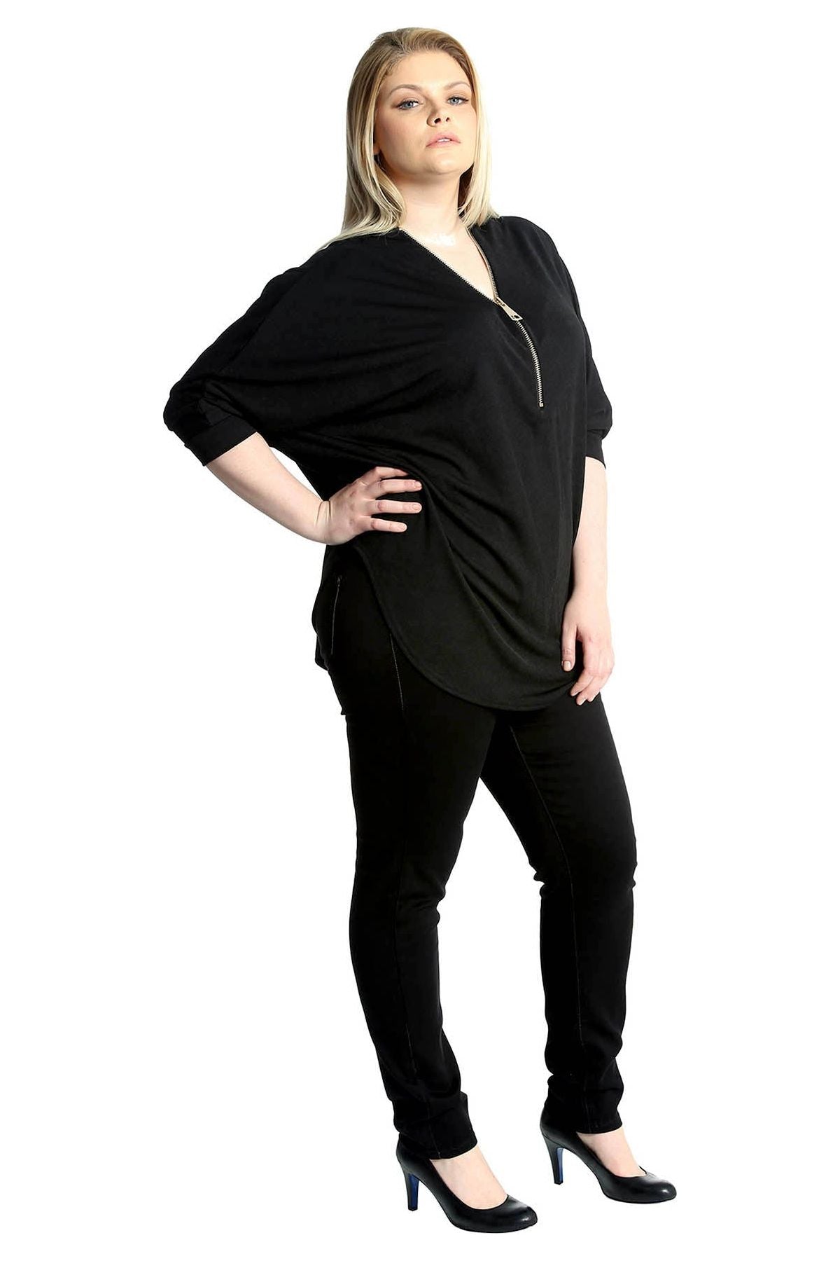 Zip Curved Hem V-Neck Batwing Sleeve Top For Women  - Dropwear