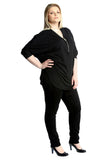 Zip Curved Hem V-Neck Batwing Sleeve Top For Women  - Dropwear