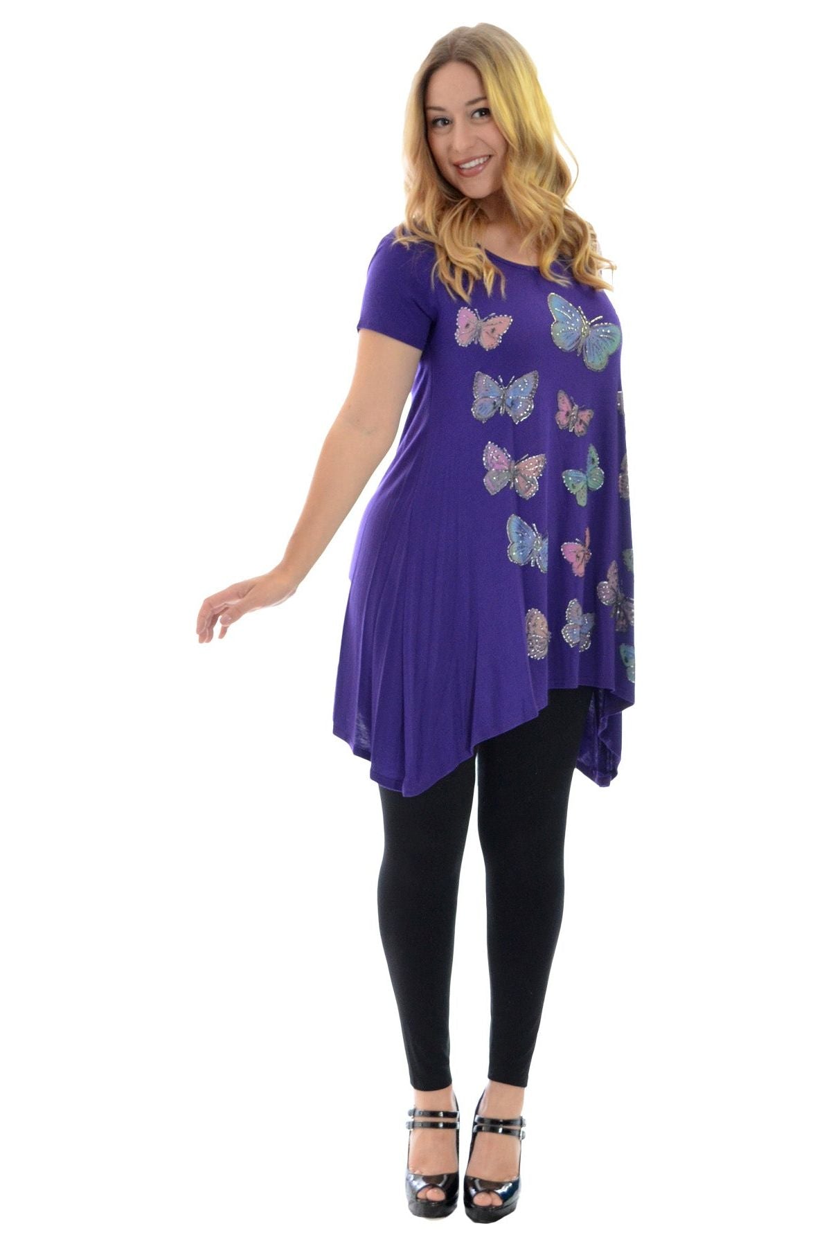 Black Butterfly Hanky Hem Short Sleeve Top For Women 18 - Dropwear