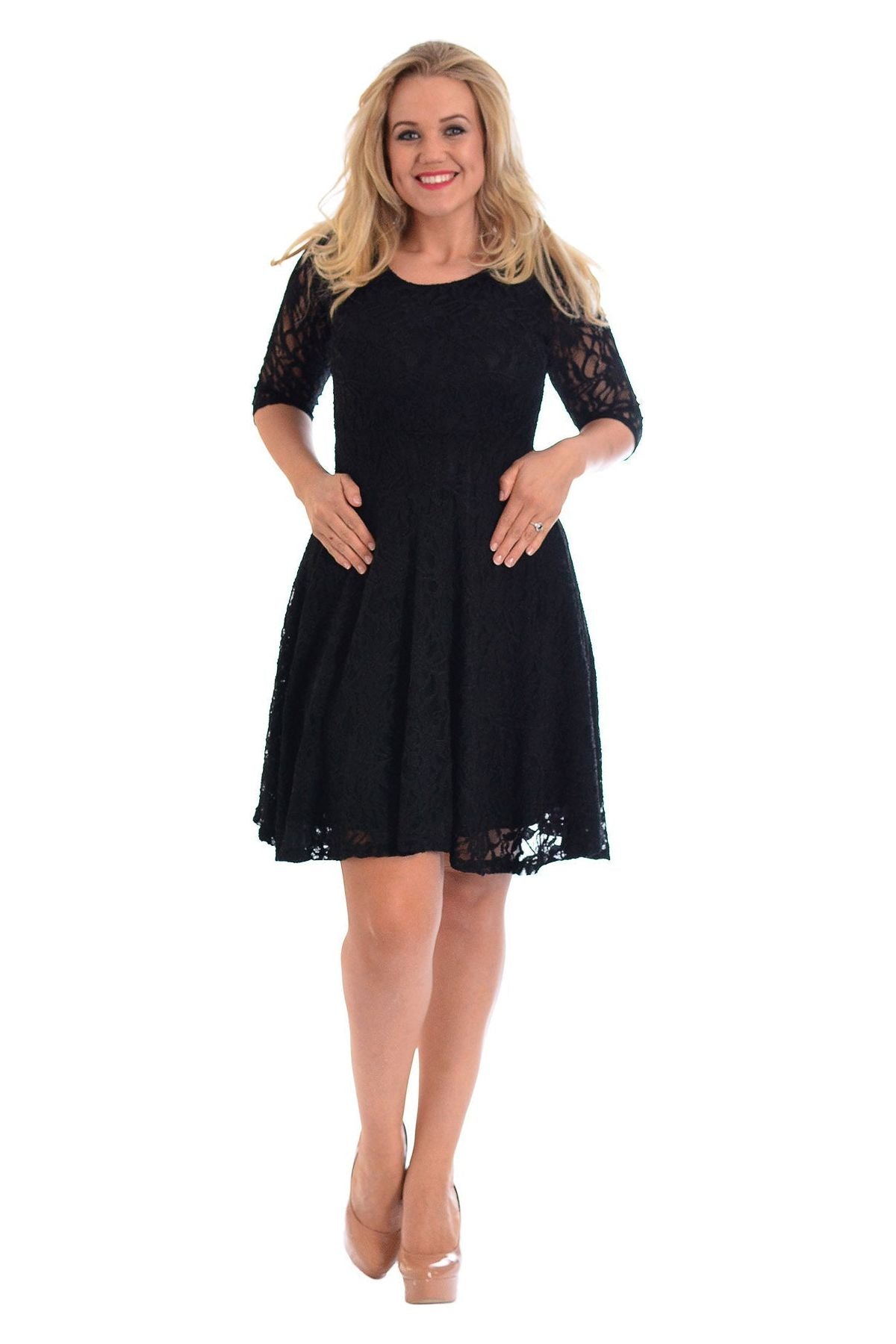 Black Plus size 3/4 Sleeve Ladies Skater Dress For Women 16 - Dropwear