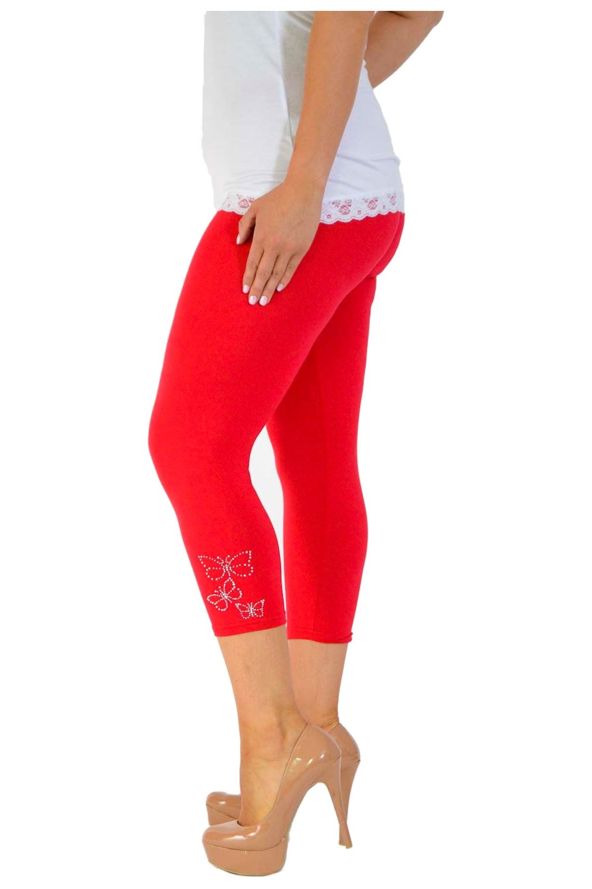 Green Plus Size 3/4 Butterfly Sequin Leggings For Women 20-22 - Dropwear