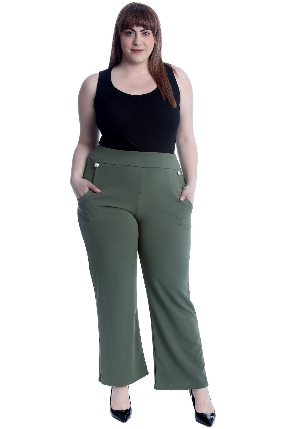 Khaki Green Plus Button Embellished Pocket Palazzo Trousers For Women 22-24 - Dropwear