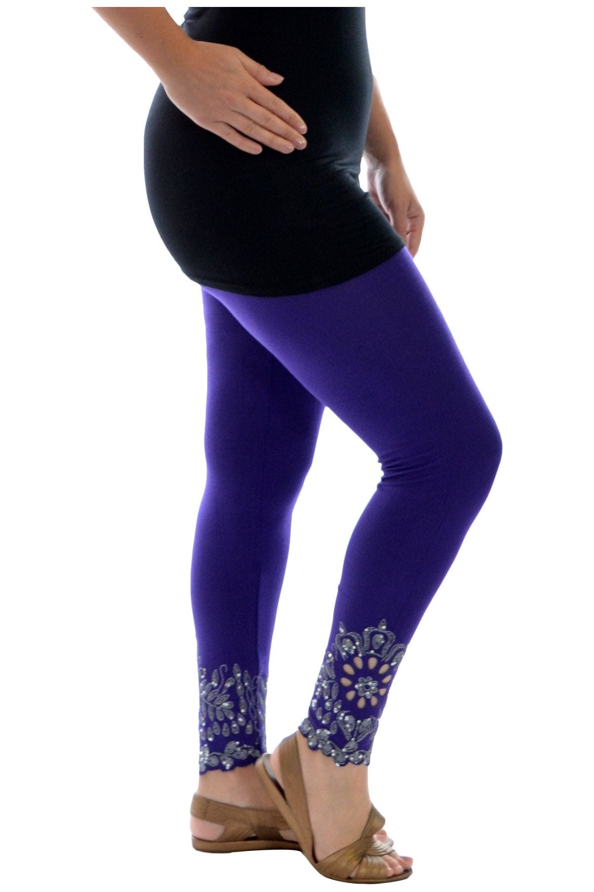 Dark Brown Sequin Scallop Beaded Flower Petal Leggings For Women 12-14 - Dropwear