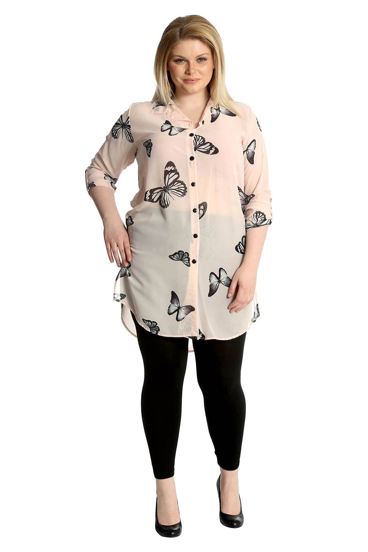 Red Butterfly Print Side Slit Curved Hem Top For Women 22 - Dropwear