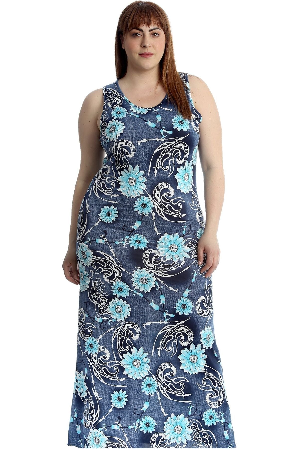 Blue Denim Look Print Sleeveless Maxi Dress For Women 14 - Dropwear