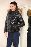 Black Wet Look Puffer Hooded Jacket with Faux Fur For Women 12 - Dropwear