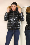 Black Wet Look Puffer Hooded Jacket with Faux Fur For Women 10 - Dropwear