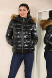 Black Wet Look Puffer Hooded Jacket with Faux Fur For Women 8 - Dropwear