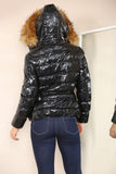 Wet Look Puffer Hooded Jacket with Faux Fur For Women  - Dropwear