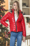 Red Wet Look Quilted Faux Fur Hooded Long Sleeve Padded Jackets For Women S - Dropwear