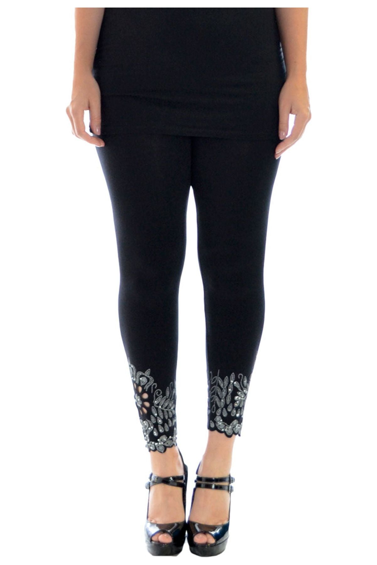 Black Sequin Scallop Beaded Flower Petal Leggings For Women 12-14 - Dropwear