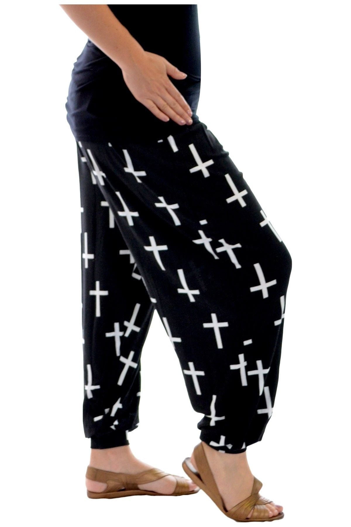 Grey Cross Plus Size Cross Print Harem Trousers For Women 20-22 - Dropwear