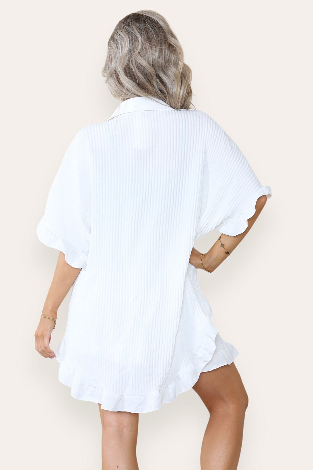 Cream/White Oversized Short Sleeve Pleated Shirt Top & Co-Ord Set For Women ONE SIZE UK FIT(8-16) - Dropwear