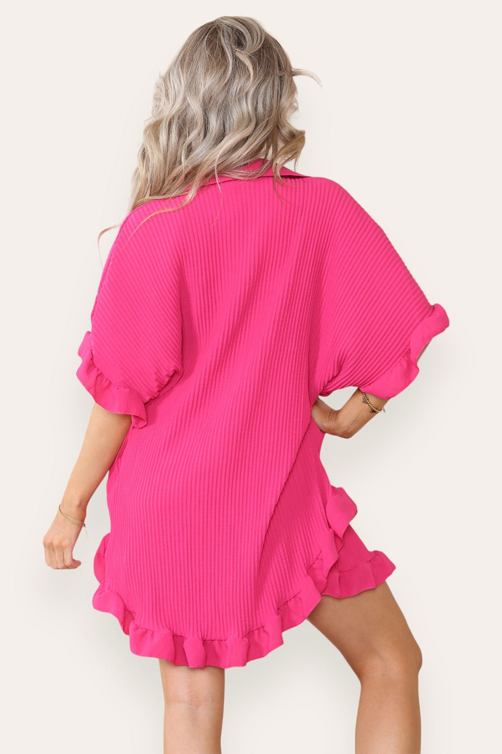 Beige Oversized Short Sleeve Pleated Shirt Top & Co-Ord Set For Women ONE SIZE UK FIT(8-16) - Dropwear