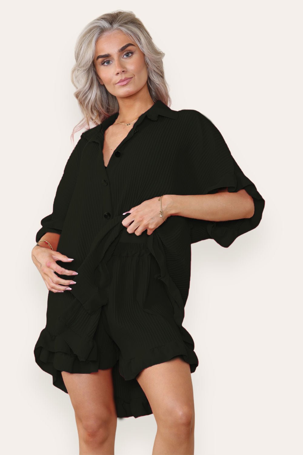 Oversized Short Sleeve Pleated Shirt Top & Co-Ord Set For Women  - Dropwear
