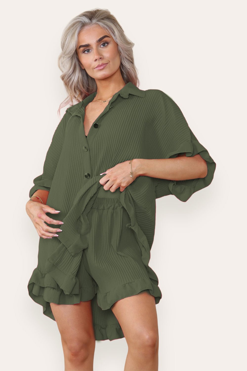 Oversized Short Sleeve Pleated Shirt Top & Co-Ord Set For Women  - Dropwear
