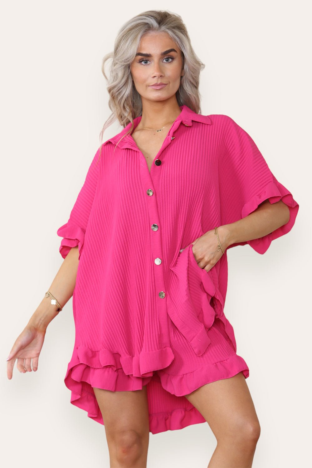 Turquoise Oversized Short Sleeve Pleated Shirt Top & Co-Ord Set For Women ONE SIZE UK FIT(8-16) - Dropwear