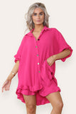 Turquoise Oversized Short Sleeve Pleated Shirt Top & Co-Ord Set For Women ONE SIZE UK FIT(8-16) - Dropwear