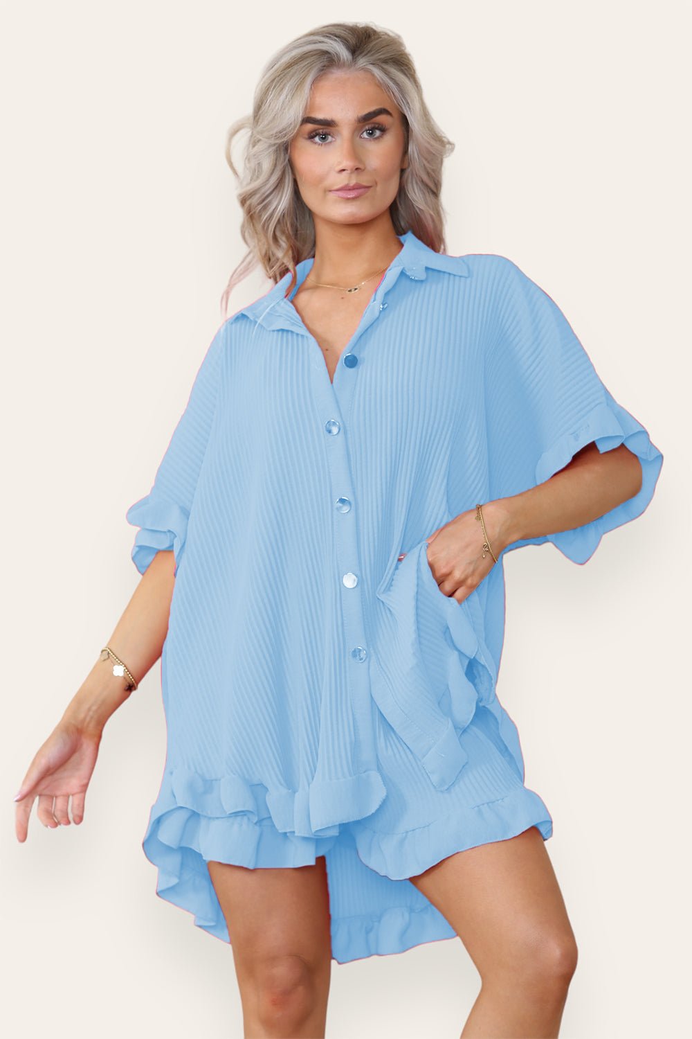 Oversized Short Sleeve Pleated Shirt Top & Co-Ord Set For Women  - Dropwear