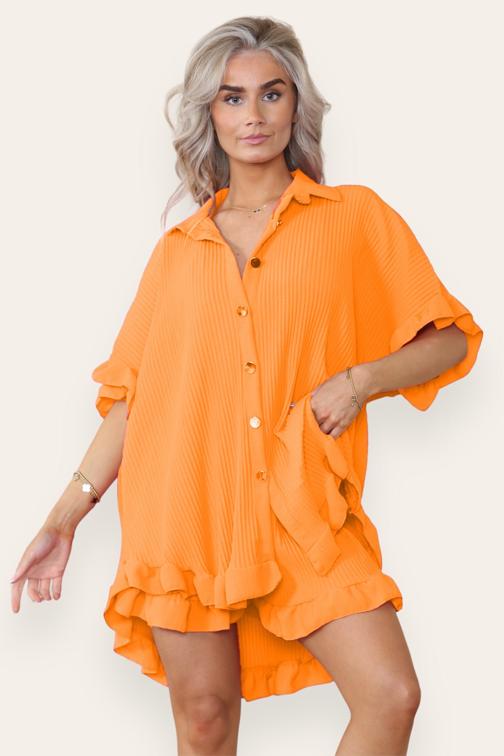 Oversized Short Sleeve Pleated Shirt Top & Co-Ord Set For Women  - Dropwear