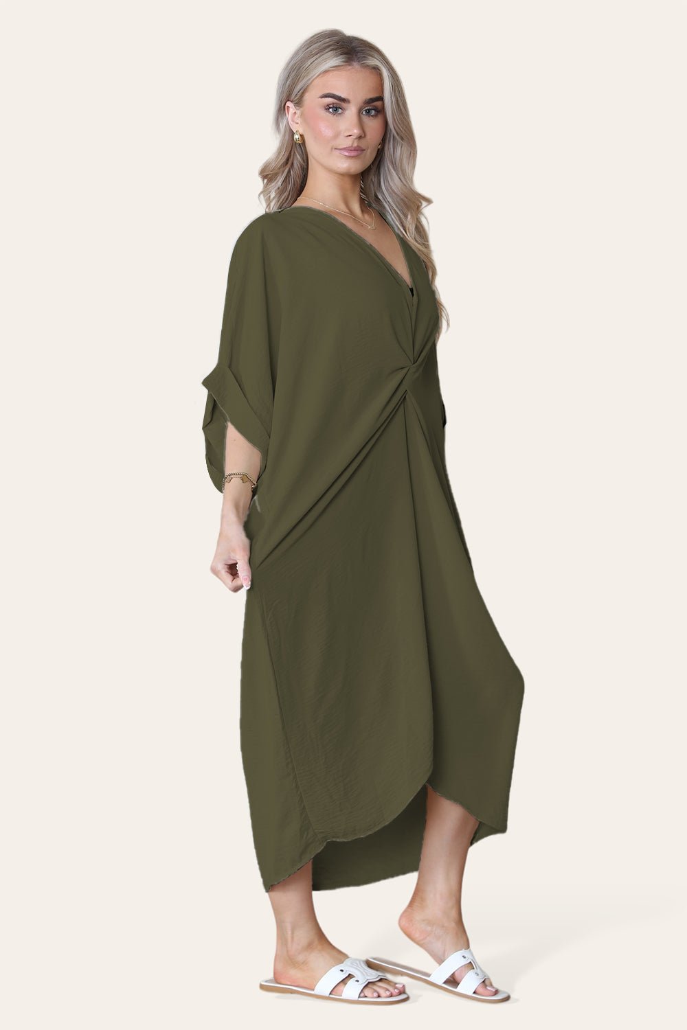 Jade Green Womens V-Neck Tie Knotted Twisted Front Oversized LonglineÂ MidiÂ Dress For Women ONE SIZE UK FIT (10 TO 20) - Dropwear