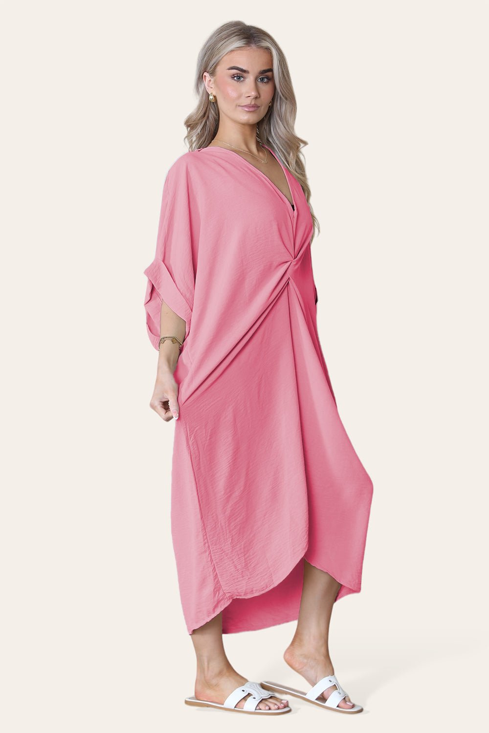 Dusty Pink Womens V-Neck Tie Knotted Twisted Front Oversized LonglineÂ MidiÂ Dress For Women ONE SIZE UK FIT (10 TO 20) - Dropwear