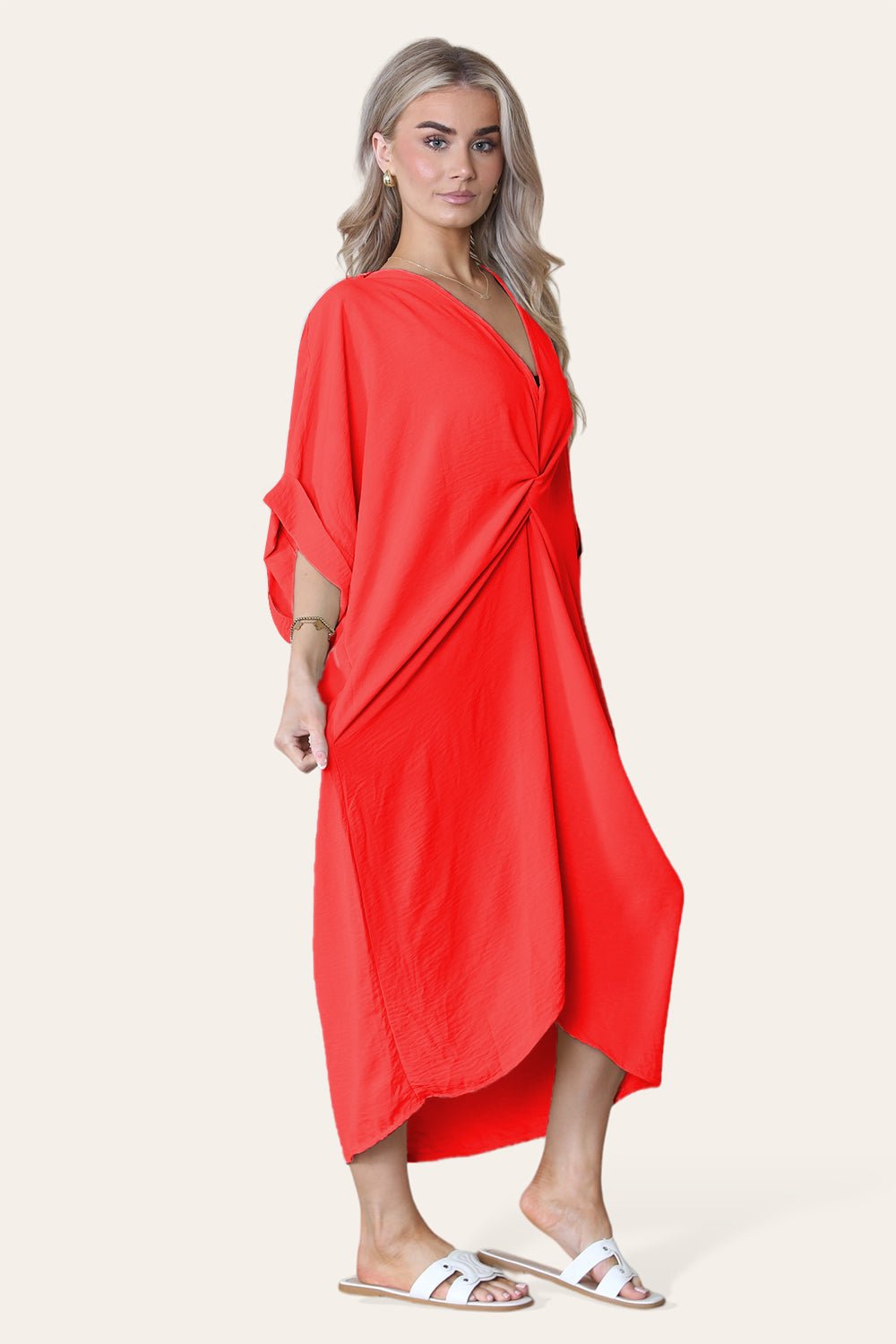 Womens V-Neck Tie Knotted Twisted Front Oversized LonglineÂ MidiÂ Dress For Women  - Dropwear