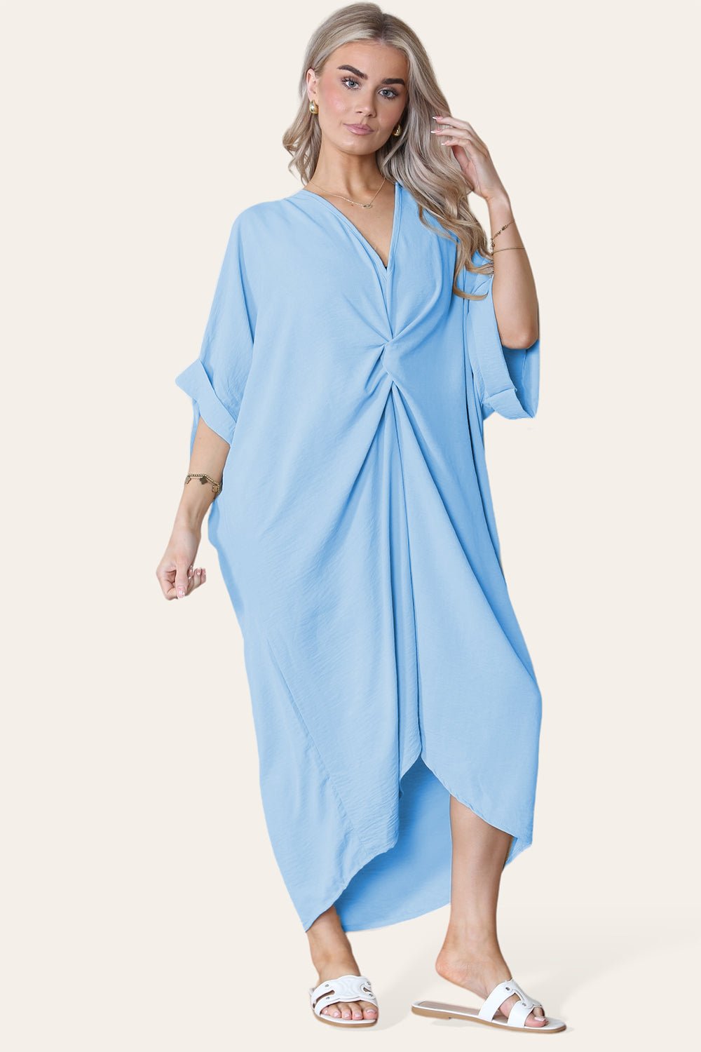 Womens V-Neck Tie Knotted Twisted Front Oversized LonglineÂ MidiÂ Dress For Women  - Dropwear