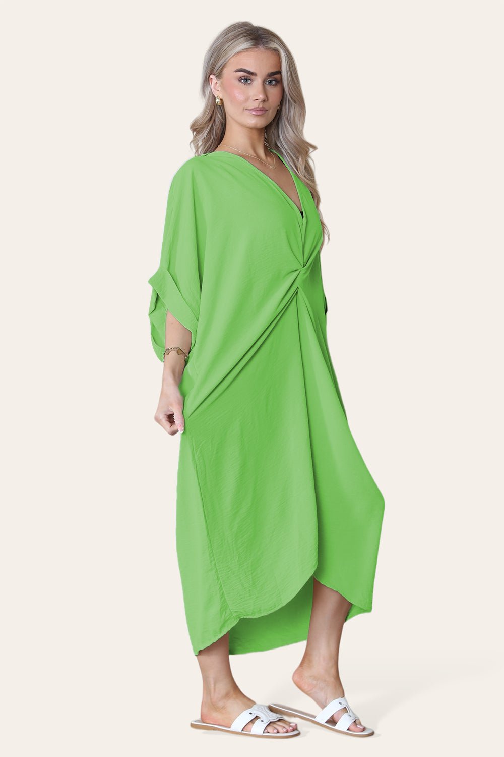 Neon Green Womens V-Neck Tie Knotted Twisted Front Oversized LonglineÂ MidiÂ Dress For Women ONE SIZE UK FIT (10 TO 20) - Dropwear
