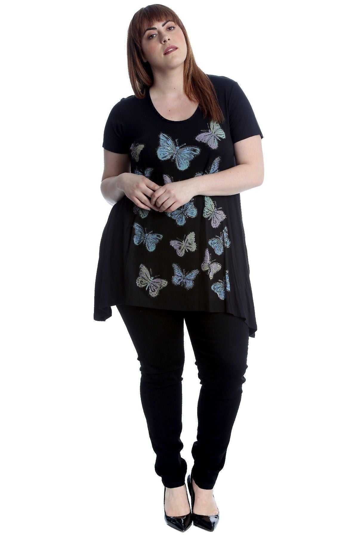 Grey Butterfly Hanky Hem Short Sleeve Top For Women 14 - Dropwear