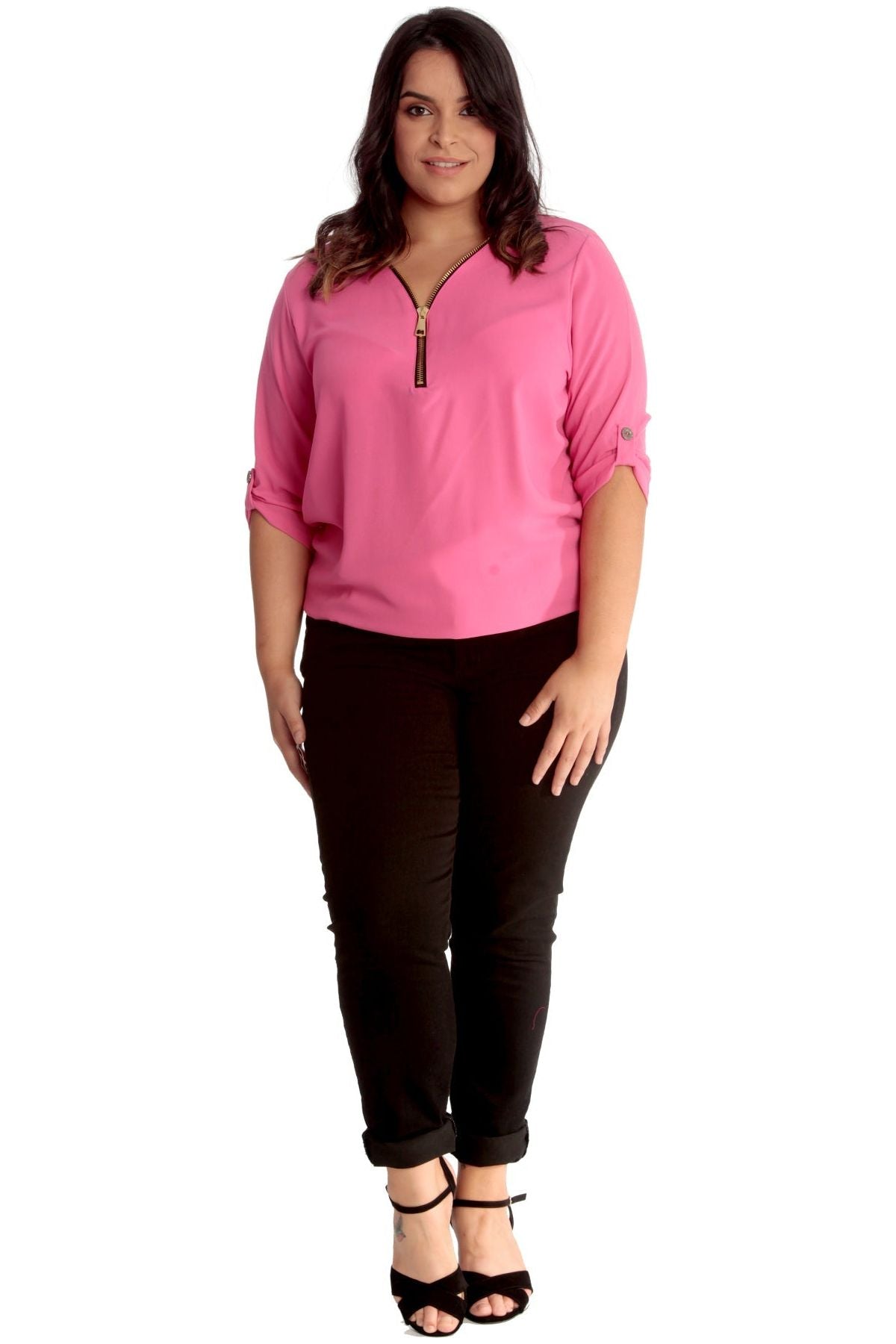 Zip Curved Hem V-Neck Batwing Sleeve Top For Women  - Dropwear