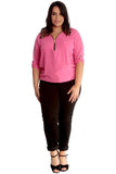 Zip Curved Hem V-Neck Batwing Sleeve Top For Women  - Dropwear