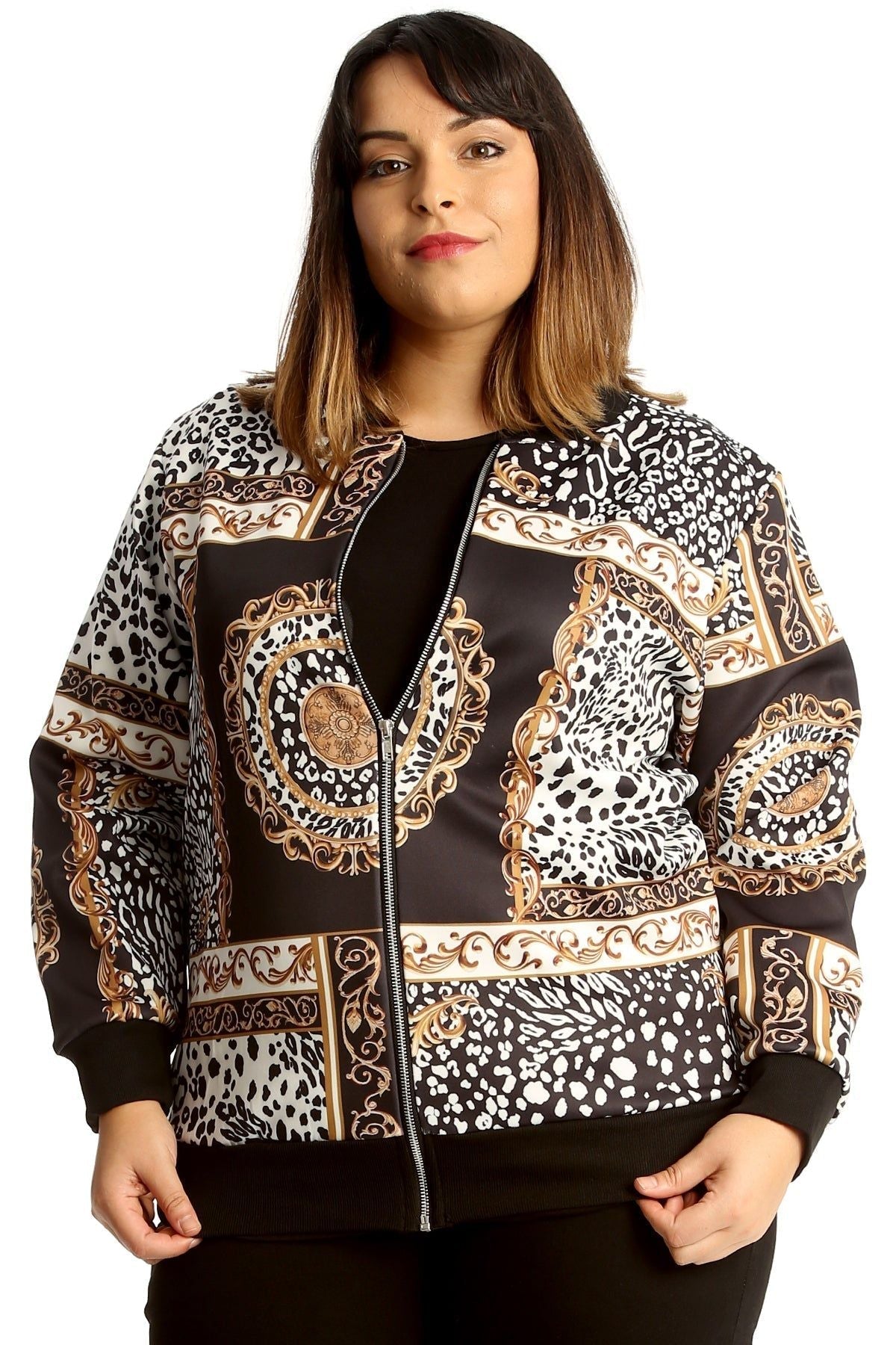 Black Plus Size Baroque Paisley Print Bomber Jacket For Women 14 - Dropwear