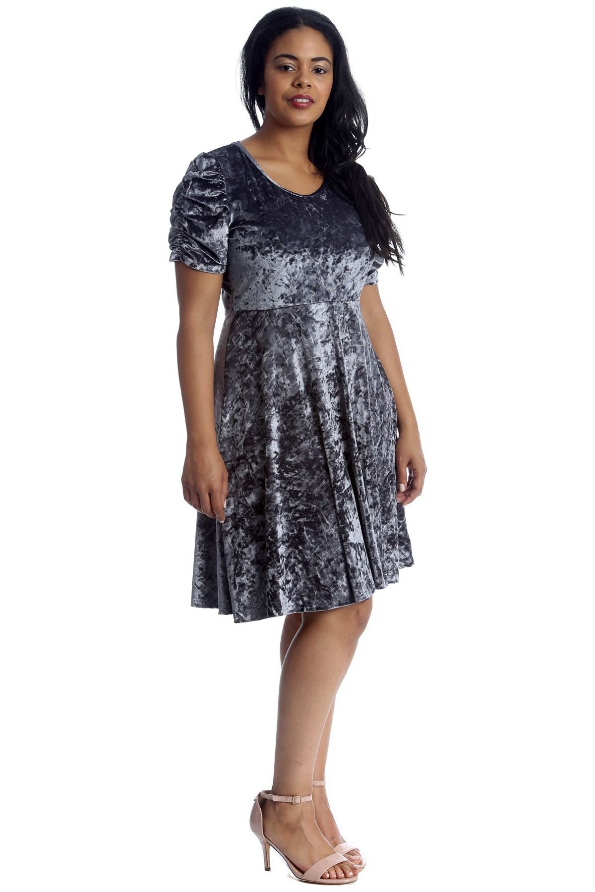 Grey Plus Size Skater Style Velvet Cross Back Dress For Women 14 - Dropwear