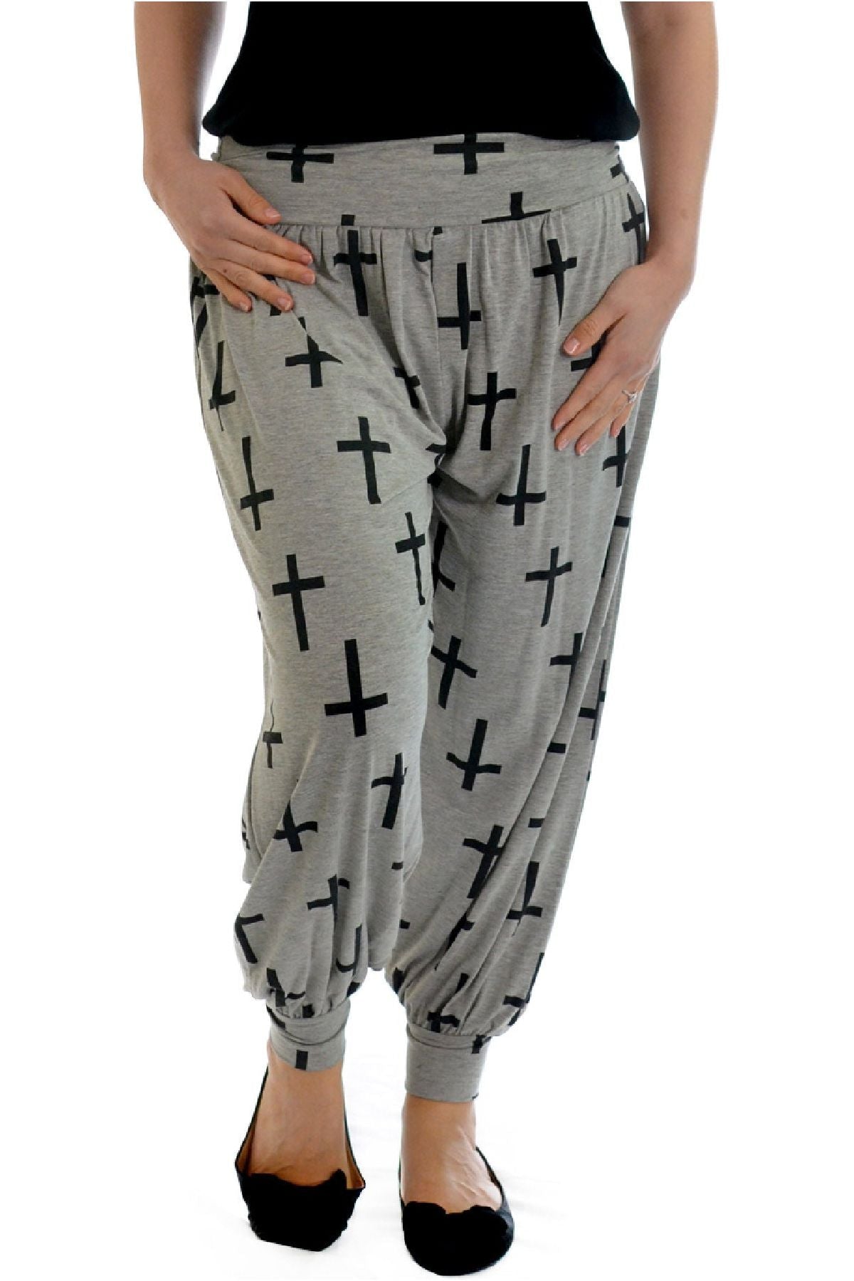 Dark Grey Cross Plus Size Cross Print Harem Trousers For Women 20-22 - Dropwear