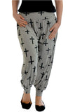 Dark Grey Cross Plus Size Cross Print Harem Trousers For Women 20-22 - Dropwear