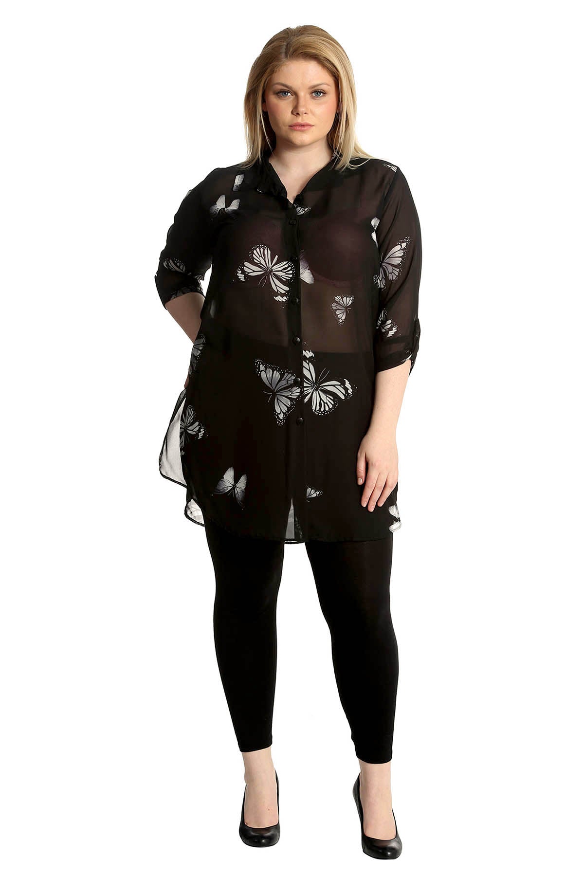 Cream Butterfly Print Side Slit Curved Hem Top For Women 18 - Dropwear