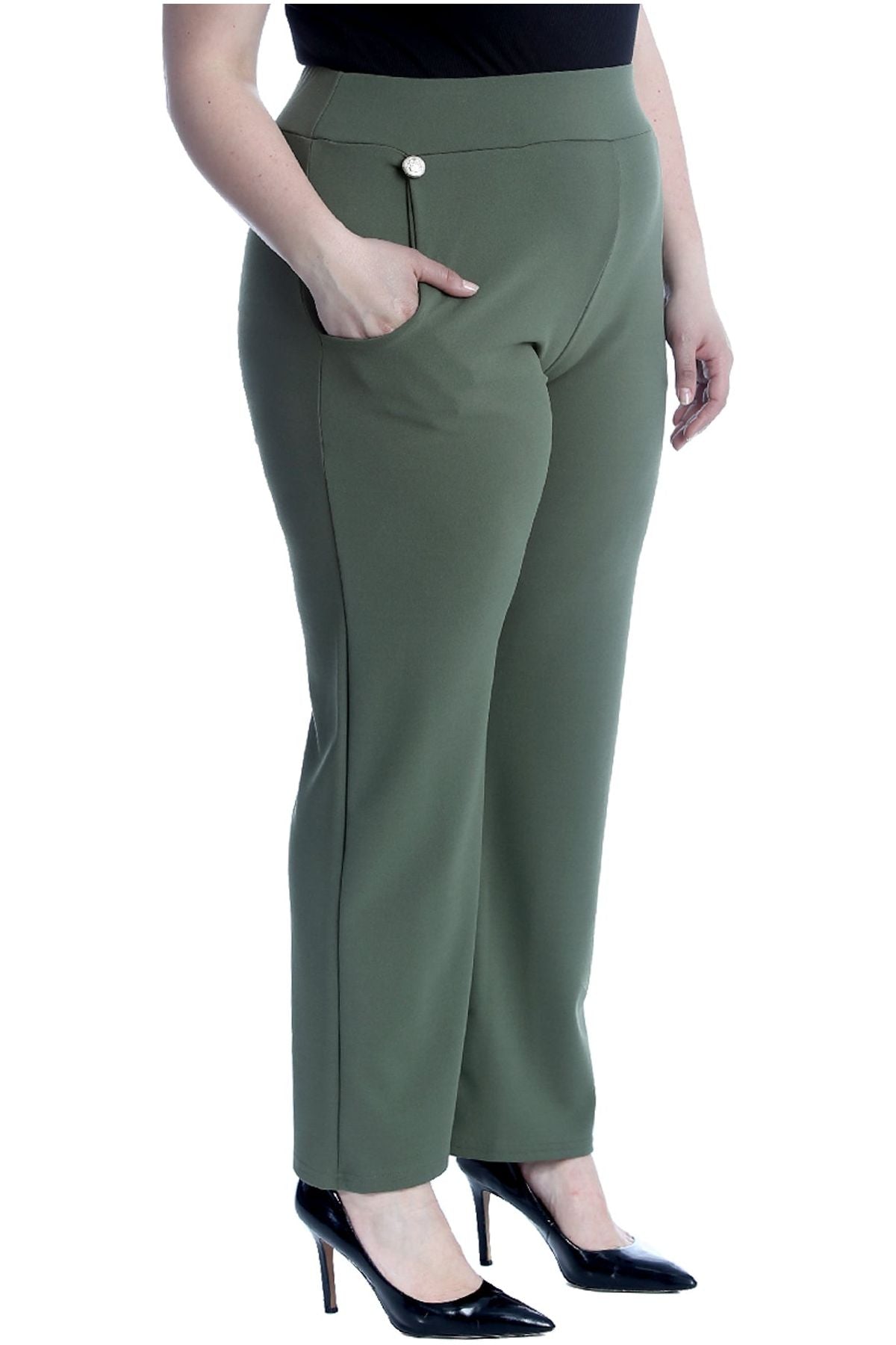 Khaki Green Plus Button Embellished Pocket Palazzo Trousers For Women 20 - Dropwear