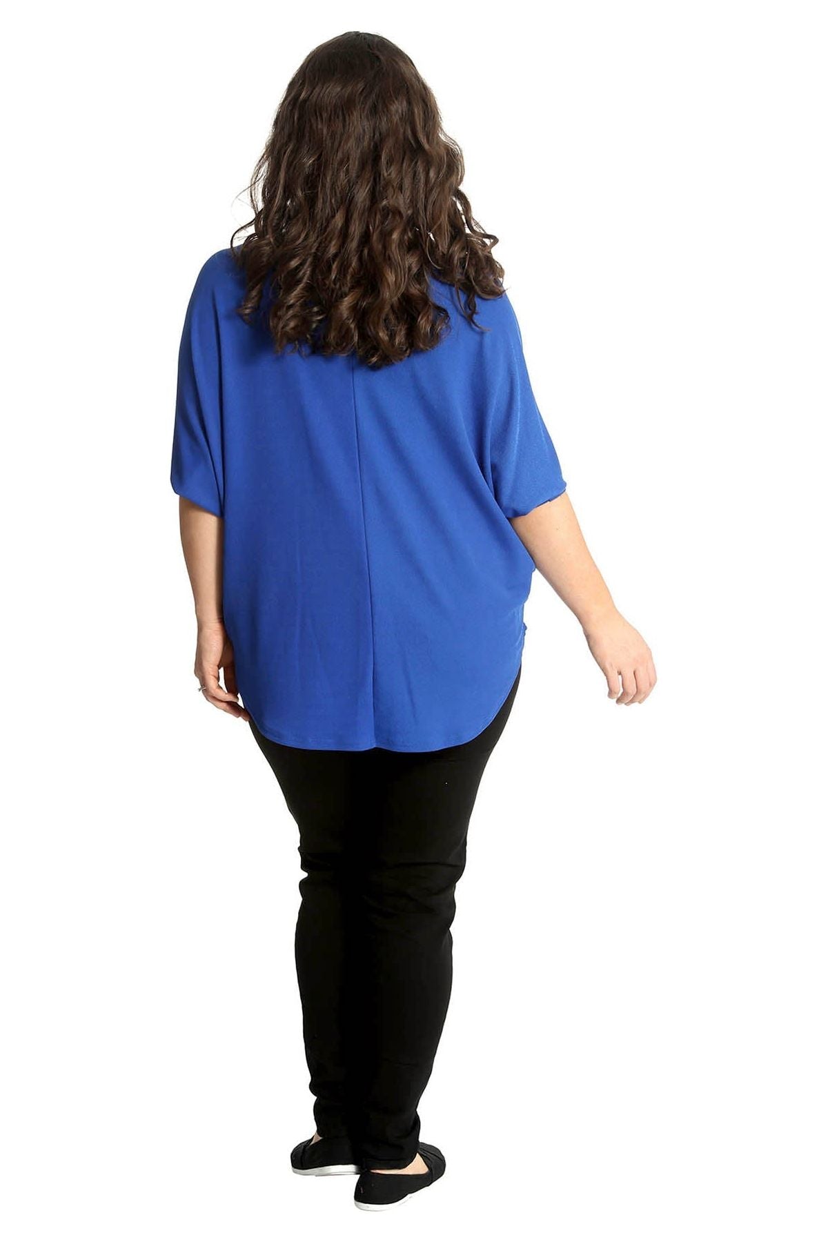 Zip Curved Hem V-Neck Batwing Sleeve Top For Women  - Dropwear
