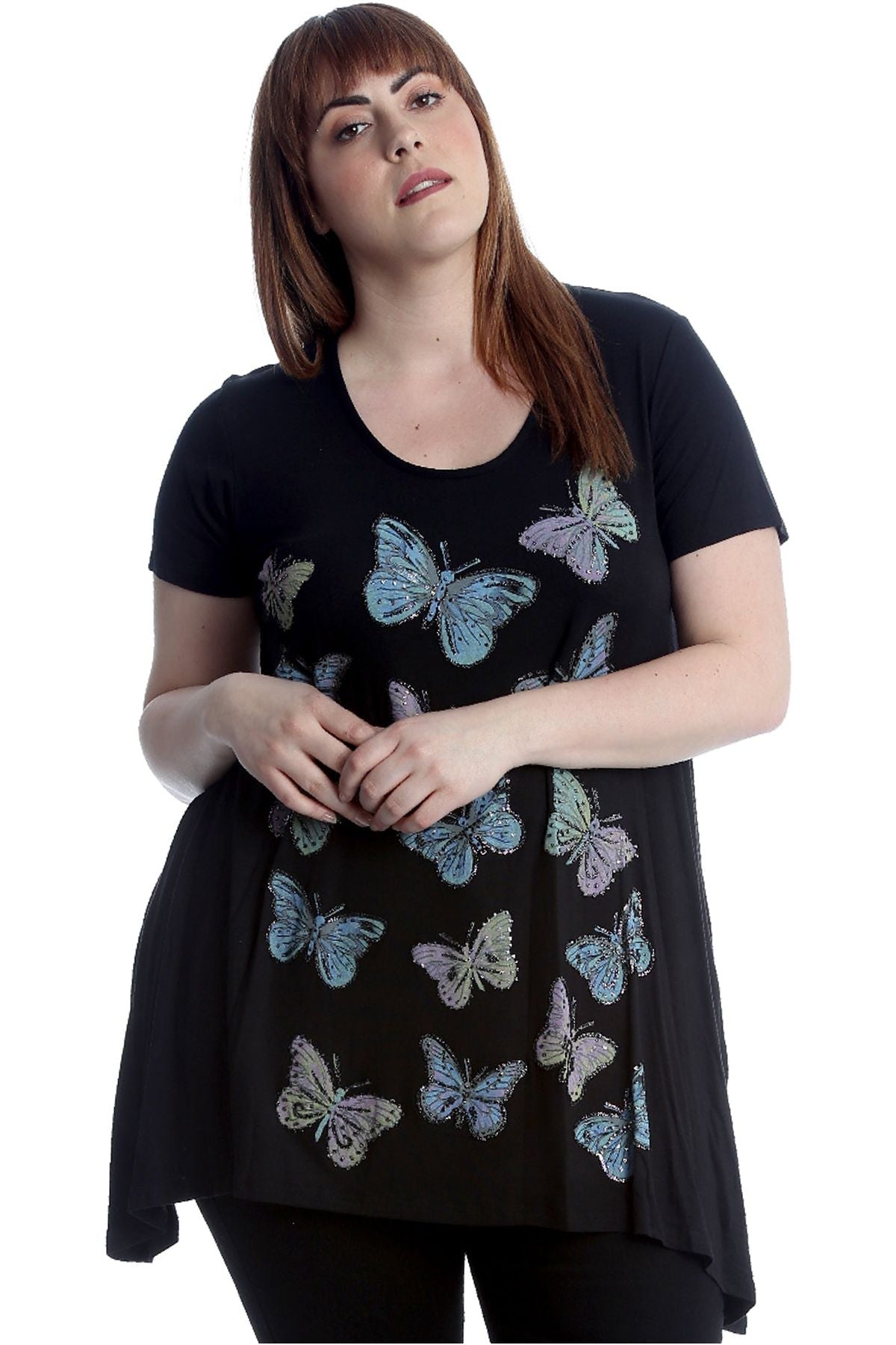 Black Butterfly Hanky Hem Short Sleeve Top For Women 20 - Dropwear