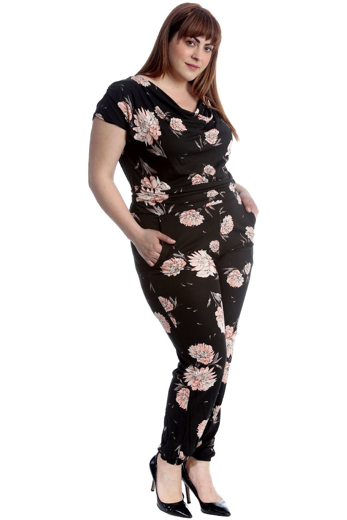 Black Plus Size Short Sleeve Tied Belted Floral Print Cowl Neck Jumpsuit For Women 16 - Dropwear