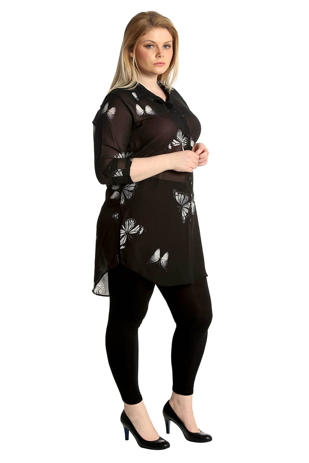 Cream Butterfly Print Side Slit Curved Hem Top For Women 20 - Dropwear