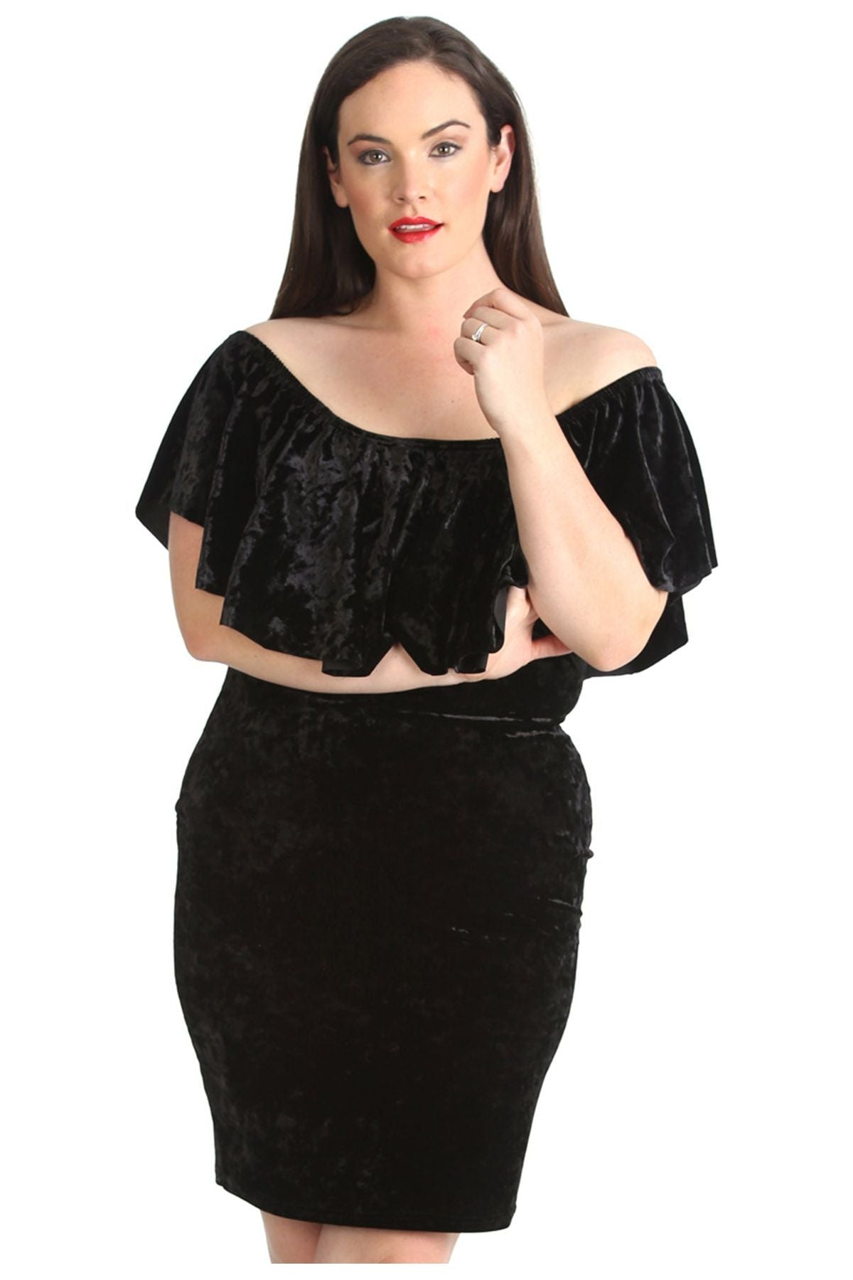 Black Plus Size Velvet Frill Top Midi Dress For Women 14 - Dropwear
