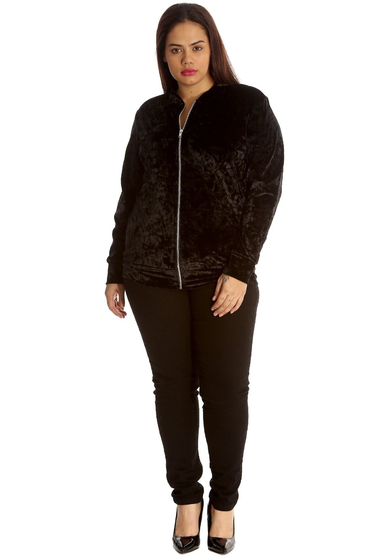 Black Long Sleeve Velour Velvet Bomber Jacket For Women 20 - Dropwear