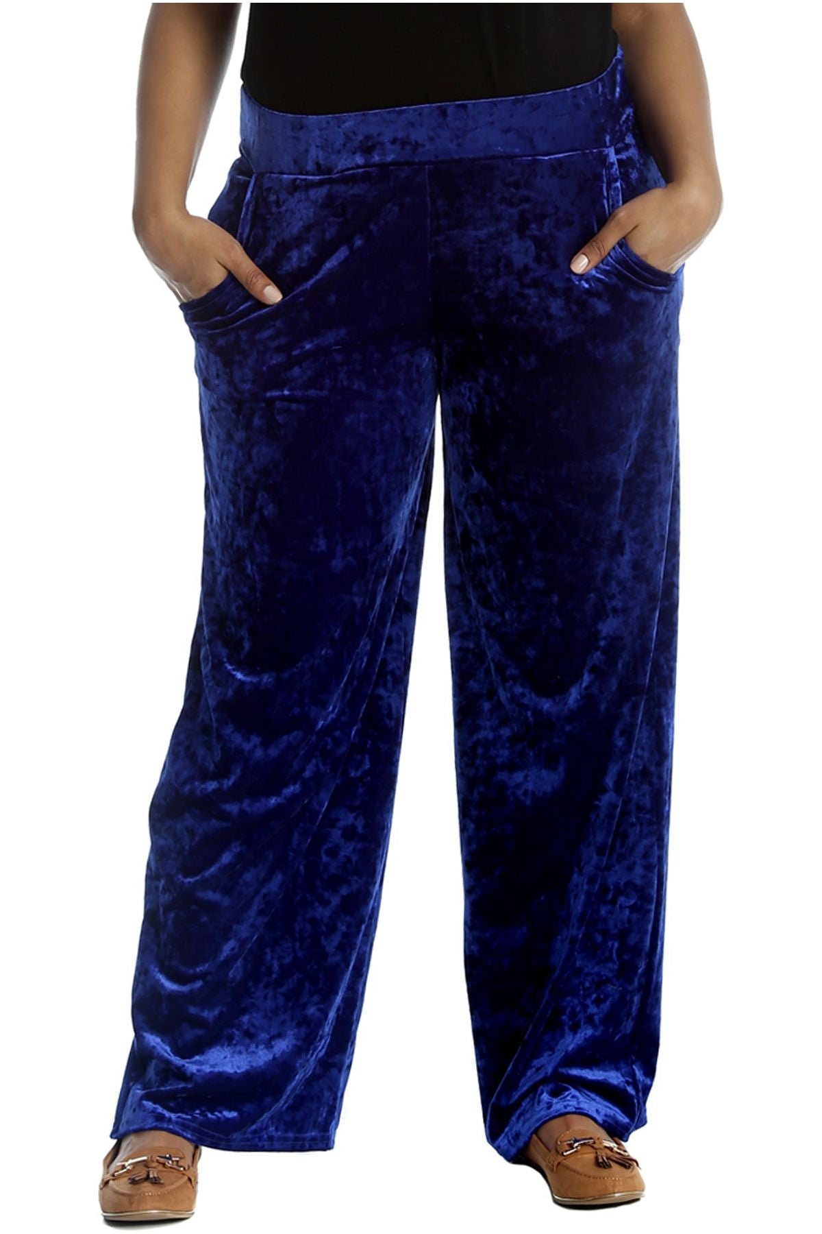 Black Velour Velvet Wide Flared Leg Pocket Palazzo For Women 12-14 - Dropwear