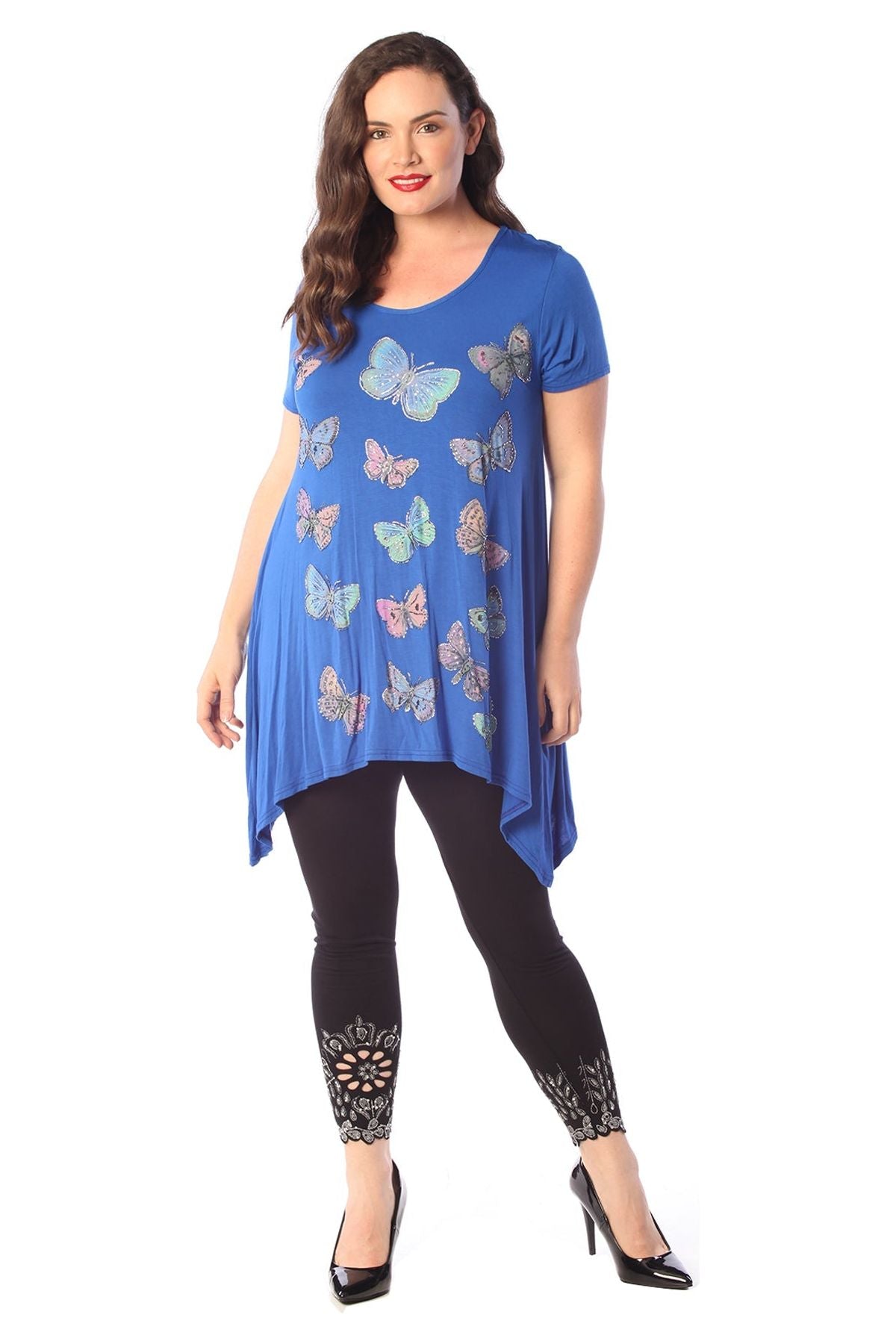 Purple Butterfly Hanky Hem Short Sleeve Top For Women 16 - Dropwear